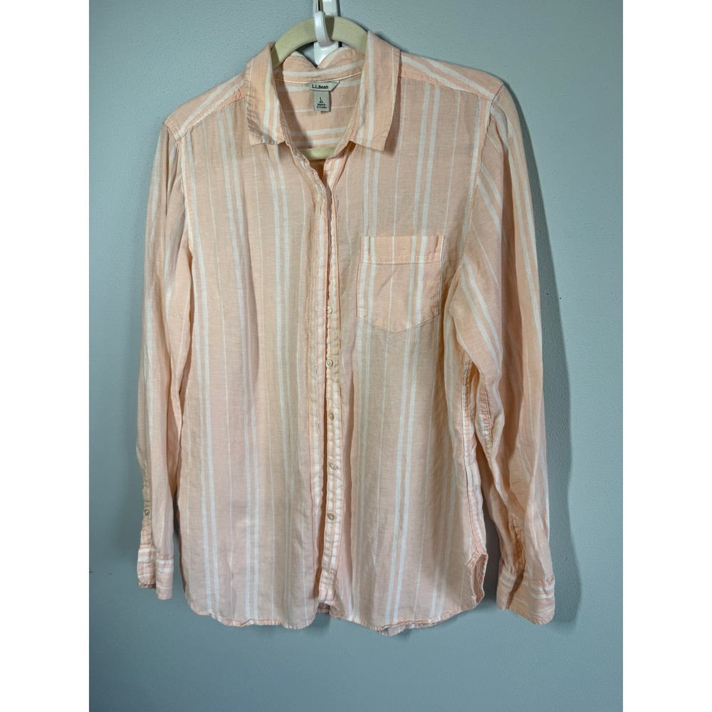 L.L.Bean Womens 100% Linen Button Up Shirt Size L Peach Striped Pocket Coastal